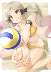 Rule 34 | 1girl, :q, ball, bare legs, barefoot, beach volleyball, blurry, bow, breasts, buruma, depth of field, female focus, handa roco, idolmaster, idolmaster million live!, long hair, low twintails, medium breasts, miri (ago550421), out of frame, playing sports, polka dot, solo, sports bra, tongue, tongue out, twintails, volleyball, volleyball (object), yellow eyes