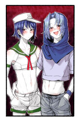 Rule 34 | 2boys, anchor print, black eyes, blue hair, blue hood, blush, border, closed mouth, colored skin, commentary request, cookie (touhou), cowboy shot, crop top, expressionless, fingernails, flour (cookie), gedougawa, genderswap, genderswap (ftm), gradient background, green sailor collar, grey shirt, grey shorts, half-closed eyes, hand in pocket, hand on another&#039;s hip, hat, highres, hood, hood up, kumoi ichirin, looking at viewer, male focus, medium bangs, midriff, milk (cookie), multiple boys, murasa minamitsu, navel, neckerchief, open mouth, outline, parted bangs, print headwear, red background, red neckerchief, sailor collar, sailor hat, shirt, short hair, shorts, sleeveless, sleeveless shirt, smile, touhou, white border, white headwear, white outline, white shirt, white shorts, white skin