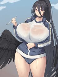 Rule 34 | 1girl, blue archive, breasts, choker, hasumi (blue archive), higher resolution available, highres, huge breasts, metal owl (aden12), ponytail, solo, sweat
