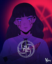 Rule 34 | 1other, artist name, black hair, blood, blood on face, bloody knife, blue eyes, blunt bangs, fear &amp; hunger, fear &amp; hunger 2: termina, highres, holding, holding knife, knife, koyorin, long hair, marina (fear &amp; hunger), mouth piercing, solo, upper body