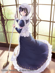 Rule 34 | 1girl, black hair, bow, bowtie, broom, cait aron, frills, from side, full body, gyakushuu no fantasica, indoors, juliet sleeves, long sleeves, maid, maid headdress, official art, original, pink bow, puffy sleeves, purple eyes, short hair, solo, standing, window