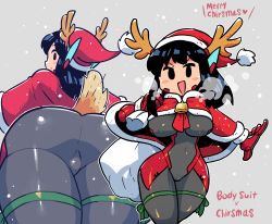 Rule 34 | 1girl, :d, antlers, ass, asta rindo (rariatto), black eyes, black hair, blush stickers, bodysuit, breasts, capelet, christmas, commentary, deer tail, english commentary, english text, fur-trimmed capelet, fur-trimmed headwear, fur trim, gloves, grey background, grey bodysuit, hat, highres, horns, large breasts, looking at viewer, merry christmas, mixed-language commentary, multiple views, open mouth, original, parted lips, rariatto (ganguri), red capelet, reindeer antlers, robot ears, santa hat, smile, standing, tail, thighs, white gloves