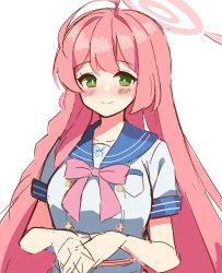 Rule 34 | 1girl, absurdres, ahoge, blouse, blue archive, blue sailor collar, blush, bow, bowtie, buttons, closed mouth, commentary request, green eyes, halo, hanako (blue archive), highres, long hair, looking at viewer, own hands together, pink bow, pink bowtie, pink hair, sailor collar, school uniform, serafuku, shirt, short sleeves, simple background, sketch, smile, solo, uhouhogorigori, upper body, white background, white shirt