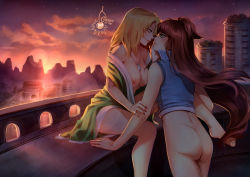 Rule 34 | 2girls, arm support, ass, backlighting, barefoot, blonde hair, blue jacket, bottomless, breasts, brown hair, cherry in the sun, collarbone, crystal, dusk, eye contact, floating hair, green eyes, green kimono, hair between eyes, jacket, japanese clothes, jewelry, kimono, large breasts, lens flare, long hair, looking at another, medium breasts, mountainous horizon, multiple girls, nail polish, naruto (series), necklace, nipples, no bra, one side up, open clothes, open kimono, outdoors, parted lips, red nails, sitting, sky, sleeveless, sleeveless jacket, star (sky), starry sky, terumi mei, tsunade (naruto), very long hair, yellow eyes, yuri