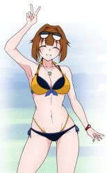 Rule 34 | 1girl, arm up, armpits, aviator sunglasses, bear necklace, bikini, blue bikini, blush, breasts, brown hair, cleavage, closed eyes, collarbone, commentary request, cowboy shot, day, eyewear on head, front-tie top, girls&#039; frontline, gluteal fold, gotoo, grizzly mkv (girls&#039; frontline), highres, large breasts, linea alba, long hair, looking at viewer, multicolored clothes, multicolored swimsuit, navel, ocean, short hair, side-tie bikini bottom, smile, solo, standing, stomach, sunglasses, swimsuit, teeth, v, watch, wristwatch, yellow bikini