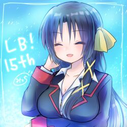Rule 34 | 1girl, ^ ^, anniversary, arm under breasts, black hair, black jacket, blush, bow, breasts, cleavage, closed eyes, collared shirt, commentary request, facing viewer, hair between eyes, hair bow, hair ribbon, hand up, happy, highres, jacket, kurugaya yuiko, large breasts, light blue background, little busters!, little busters! school uniform, long hair, long sleeves, micchi (koto maple), open mouth, ribbon, school uniform, shirt, sidelocks, signature, simple background, smile, solo, upper body, very long hair, white shirt, yellow bow, yellow ribbon