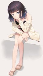 Rule 34 | 1girl, bare legs, bare shoulders, bikini, black bikini, black hair, blue eyes, breasts, head rest, closed mouth, collarbone, expressionless, front-tie bikini top, front-tie top, highres, hyuuga azuri, jacket, leaning forward, long legs, long sleeves, looking at viewer, medium breasts, off shoulder, open clothes, open jacket, original, sandals, short hair, sidelocks, sitting, solo, swimsuit, thighs, toenails, white jacket