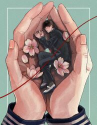 Rule 34 | 1boy, black hair, black jacket, black pants, blush, bud, closed mouth, commentary request, female pov, fingernails, flower, from above, gakuran, glasses, green background, half-closed eyes, hetero, highres, in palm, jacket, looking at viewer, lying, male focus, mini person, miniboy, on side, original, out of frame, own hands together, pants, pink flower, pov, school uniform, shoes, sirokomamaru, size difference, solo focus, string, string of fate, uwabaki, white footwear