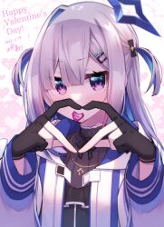 Rule 34 | 1girl, amane kanata, amane kanata (work), blue hair, blush, candy, chocolate, chocolate heart, colored inner hair, embarrassed, food, gloves, grey hair, hair ornament, hairclip, happy valentine, heart, heart hands, hikawa shou, hololive, hood, hoodie, jacket, jewelry, long hair, mouth hold, multicolored hair, necklace, partially fingerless gloves, purple eyes, solo, two side up, upper body, valentine, virtual youtuber