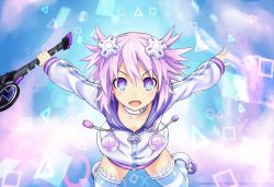 Rule 34 | 10s, 1girl, blue background, blue eyes, blue thighhighs, braid, choker, d-pad, dated, falling, female focus, hair ornament, highres, hood, hoodie, looking at viewer, neptune (neptunia), neptune (series), no pants, open mouth, purple eyes, purple hair, sereneandsilent, short hair, smile, solo, striped clothes, striped thighhighs, sword, symbol-shaped pupils, thighhighs, weapon
