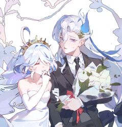 Rule 34 | 1boy, 1girl, ahoge, black suit, blue hair, bouquet, closed eyes, commentary, couple, crown, dress, elbow gloves, english commentary, flower, formal, furina (genshin impact), genshin impact, gloves, hair between eyes, highres, holding, holding another&#039;s arm, holding bouquet, light blue hair, long hair, looking at viewer, multicolored hair, neuvillette (genshin impact), open mouth, pointy ears, short hair, sidelocks, simple background, sleeveless, sleeveless dress, smile, streaked hair, suit, sweatdrop, two-tone hair, wedding, wedding dress, white background, white gloves, white hair, xuemen