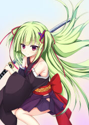 Rule 34 | 1girl, back bow, bare shoulders, black kimono, black skirt, blunt bangs, blush, bow, butterfly hair ornament, closed mouth, commentary request, criss-cross halter, floating hair, green hair, hair ornament, hair ribbon, halterneck, highres, hime cut, holding, holding sword, holding weapon, igarashi kenji, japanese clothes, katana, kimono, long hair, long sleeves, looking at viewer, miniskirt, murasame (senren), one side up, pleated skirt, pom pom (clothes), red bow, red eyes, red ribbon, ribbon, senren banka, sidelocks, sitting, skirt, smile, solo, straight hair, sword, very long hair, weapon, wide sleeves