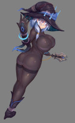 Rule 34 | 1girl, ai gon deroga, ass, bad id, bad pixiv id, blue eyes, blue hair, bodystocking, bodysuit, boots, bracelet, breasts, bridal gauntlets, covered erect nipples, dutch angle, earrings, fantasy, from behind, full body, gloves, hat, highres, holding, holding staff, huge ass, huge breasts, jewelry, long hair, looking at viewer, looking back, mole, mole under eye, original, parted lips, purple eyes, ring, shiny clothes, simple background, skin tight, smile, solo, staff, thick thighs, thighs, wand, witch, witch hat