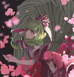 Rule 34 | 1girl, blunt bangs, blurry, cherry blossoms, depth of field, dress, flower, from side, green eyes, green hair, hair ribbon, highres, kagiyama hina, kerok (joniko1110), looking up, outstretched arm, outstretched hand, puffy short sleeves, puffy sleeves, ribbon, short sleeves, solo, touhou