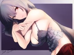 Rule 34 | 10s, 1girl, alternate costume, artist name, backless outfit, bare shoulders, breasts, casual, cleavage, contemporary, crop top, dark jeanne, dark persona, granblue fantasy, hair ornament, highres, jeanne d&#039;arc (granblue fantasy), kojima (blue stardust), large breasts, leaning forward, lips, long hair, looking at viewer, lying, on side, red eyes, serious, signature, solo, white hair