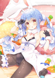 Rule 34 | 1girl, animal ear fluff, animal ears, arm cuffs, bed, bed sheet, black gloves, black leotard, black pantyhose, blue hair, blush, braid, breasts, carrot hair ornament, cleavage, controller, dress, food, food-themed hair ornament, fur-trimmed dress, fur-trimmed gloves, fur scarf, fur trim, gloves, hair ornament, hololive, leotard, light blue hair, long hair, looking at viewer, lying, medium breasts, mocha (naturefour), multicolored hair, on back, open mouth, pantyhose, pillow, playboy bunny, rabbit ears, rabbit girl, rabbit tail, red eyes, solo, strapless, strapless dress, symbol-shaped pupils, tail, thigh strap, twin braids, twintails, two-tone hair, usada pekora, usada pekora (1st costume), virtual youtuber, white dress, white hair