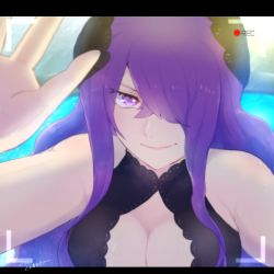 Rule 34 | 1girl, breasts, cleavage, eden&#039;s zero, hair over one eye, holy (eden&#039;s zero), large breasts, long hair, looking at viewer, purple eyes, purple hair, smile, swimsuit