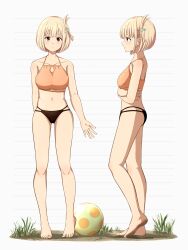Rule 34 | 1girl, absurdres, ball, barefoot, beachball, bikini, blonde hair, bob cut, breasts, collarbone, commentary, crossed arms, dirty, dirty feet, feet, full body, grass, highres, large breasts, looking at viewer, lycoris recoil, mismatched bikini, multiple views, navel, nishikigi chisato, official alternate costume, open hand, red eyes, revision, short hair, simple background, standing, stomach, swimsuit, tbear, toes, white background, white hair