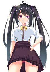 Rule 34 | 1girl, absurdres, ahoge, alternate costume, alternate hairstyle, arm at side, black hair, bow, breasts, brown skirt, calamity saika, cameltoe, colored eyelashes, commentary request, cowboy shot, eyes visible through hair, from below, hair ribbon, hand on own hip, high-waist skirt, highres, hoshikawa kaguya, large breasts, long hair, looking at viewer, panties, panty peek, parted lips, pleated skirt, purple ribbon, red eyes, ribbon, school uniform, shirt, short sleeves, sidelocks, simple background, skirt, smile, solo, standing, suspender skirt, suspenders, swept bangs, tenshi souzou re-boot!, twintails, underwear, very long hair, white background, white shirt, yellow bow