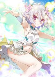Rule 34 | 1girl, armpits, bare shoulders, boots, breasts, collared dress, dress, flower, hair between eyes, hair flower, hair ornament, highres, kokkoro (princess) (princess connect!), kokkoro (princess connect!), leg up, light particles, looking at viewer, navel, outstretched arms, pink flower, pointy ears, porurin, princess connect!, princess form (princess connect!), red eyes, short hair, sidelocks, silver hair, small breasts, solo