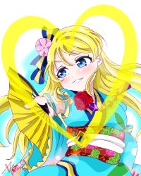 Rule 34 | 1girl, alternate hairstyle, angelic angel, aqua kimono, artist name, artist request, ayase eli, blonde hair, blue bow, blue eyes, blush, bow, breasts, close-up, corset, detached sleeves, female focus, floating hair, floral print, flower, flower print, folding fan, hair between eyes, hair bow, hair flower, hair ornament, hand fan, highres, holding, holding fan, japanese clothes, kimono, kimono skirt, long hair, long sleeves, looking at viewer, love live!, love live! school idol festival, love live! school idol project, obi, parted lips, plaid, plaid skirt, pleated, pleated skirt, red flower, sash, short hair, skirt, smile, solo, teeth, upper body, white background, wide sleeves, yellow bow