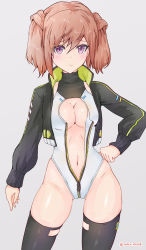 Rule 34 | 1girl, absurdres, alice gear aegis, black jacket, black thighhighs, breasts, brown hair, cleavage, cleavage cutout, clothing cutout, commentary request, contrapposto, cowboy shot, grey background, heattech leotard, highleg, highleg leotard, highres, jacket, kimikage yui, leotard, medium breasts, purple eyes, rasen manga, short hair, simple background, skin tight, solo, thighhighs, turtleneck, twintails, white leotard, zipper, zipper pull tab