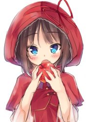 Rule 34 | 1girl, apple, blue eyes, blush, brown hair, capelet, character request, copyright request, fang, food, fruit, holding, holding food, holding fruit, hood, looking at viewer, mokoke, open mouth, ribbon, simple background, sketch, solo, white background