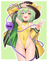 Rule 34 | 1girl, absurdres, bare shoulders, black choker, black hat, blush, bow, breasts, cameltoe, choker, cleavage, cleavage cutout, clothing cutout, covered navel, eyelashes, green background, green eyes, green hair, hair between eyes, hand on own head, hat, hat ribbon, highres, jacket, komeiji koishi, leotard, looking at viewer, medium hair, open clothes, open mouth, ribbon, round teeth, second-party source, sidelocks, simple background, small breasts, smile, solo, standing, teeth, thigh gap, third eye, touhou, upper teeth only, v, yangshangshu, yellow bow, yellow jacket, yellow leotard, yellow ribbon