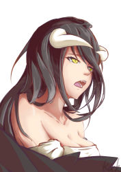 Rule 34 | 1girl, absurdres, albedo (overlord), black hair, black wings, breasts, crying, demon girl, demon horns, demon wings, dress, fangs, hair between eyes, highres, horns, large breasts, long hair, open mouth, overlord (maruyama), rock2007, simple background, solo, tears, white background, white dress, wings, yellow eyes