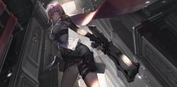 Rule 34 | 1girl, armor, belt, breasts, cape, closed mouth, commentary request, final fantasy, final fantasy xiii, fingerless gloves, gloves, hair between eyes, highres, holding, holding weapon, indoors, kishiyo, light, light particles, light rays, lightning farron, lips, looking at viewer, medium breasts, miniskirt, pink hair, purple eyes, short hair, shoulder pads, sidelocks, skirt, sleeveless, solo, thigh strap, weapon