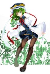 Rule 34 | 1girl, adapted costume, asymmetrical hair, bad id, bad pixiv id, black pantyhose, blue eyes, brown pantyhose, buttons, female focus, floral background, flower, green hair, hat, lace, leaning forward, looking at viewer, mary janes, pantyhose, ribbon, shiki eiki, shoes, short hair, silentdin, skirt, solo, touhou, wide sleeves