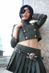 Rule 34 | 1girl, asian, belt, blue hair, blurry, breasts, chrome dokuro, color contacts, cosplay, cowboy shot, depth of field, eyepatch, female focus, from below, highres, indoors, jewelry, katekyo hitman reborn!, looking at viewer, makeup, mascara, midriff, miniskirt, namada, navel, necklace, parted lips, photo (medium), pleated skirt, short hair, skirt, skull and crossbones, skull belt, small breasts, solo, standing, uniform, window