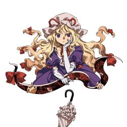 Rule 34 | 1girl, blonde hair, bow, commentary request, dress, elbow gloves, frilled sleeves, frills, gap (touhou), gloves, hair ribbon, hand on own cheek, hand on own face, hat, hat bow, kaigen 1025, long hair, mob cap, necktie, open mouth, parasol, parted lips, puffy short sleeves, puffy sleeves, purple dress, purple eyes, red bow, red ribbon, ribbon, short sleeves, simple background, solo, touhou, umbrella, white background, white ribbon, yakumo yukari