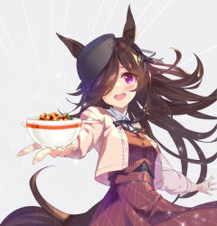 Rule 34 | 1girl, absurdres, animal ears, belt, belt buckle, black ribbon, blush, brown hair, buckle, cowboy shot, cropped jacket, eighth note, floating hair, hair over one eye, highres, horse ears, horse girl, horse tail, jacket, kuro work, long hair, long sleeves, looking at viewer, musical note, neck ribbon, open mouth, outstretched arm, pink jacket, purple eyes, reaching, reaching towards viewer, red vest, ribbon, rice shower (umamusume), skirt, solo, tail, teeth, umamusume, upper teeth only, vest