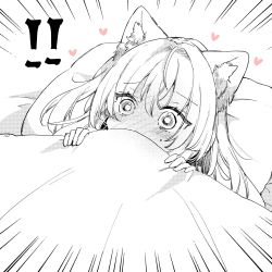 Rule 34 | !, !!, 1girl, animal ear fluff, animal ears, blanket, blush, cat ears, emphasis lines, full-face blush, grey theme, highres, lying, mito (go!go!king!), on back, original, pillow, solo, spot color, under covers, upper body, wide-eyed