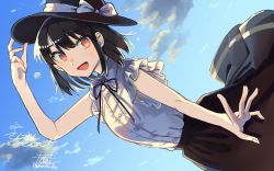 Rule 34 | 1girl, adapted costume, black hair, black headwear, black ribbon, black skirt, bow, buttons, cloud, cloudy sky, collared shirt, commentary request, commission, fedora, frilled sleeves, frills, hand on headwear, happy, hat, hat bow, highres, long skirt, looking at viewer, open mouth, outdoors, red eyes, ribbon, shirt, short hair, short sleeves, skeb commission, skirt, sky, touhou, usami renko, wadante, white bow, white ribbon, white shirt