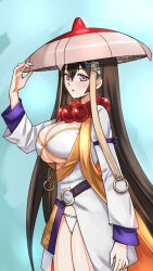 Rule 34 | 1girl, bead necklace, beads, bikini, blush, breasts, brown hair, cleavage, earrings, fate/grand order, fate (series), hair between eyes, headpiece, highres, hoop earrings, ichimegasa, japanese clothes, jewelry, kimono, large breasts, long hair, long sleeves, looking at viewer, necklace, open mouth, prayer beads, purple eyes, shinsaku (stan-art), short kimono, solo, swimsuit, thighhighs, thighs, vest, white bikini, white kimono, white thighhighs, xuangzang sanzang (fate), yellow vest