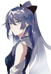 Rule 34 | 1girl, 3o c, bare shoulders, black hair, blue dress, blue eyes, breasts, china dress, chinese clothes, closed mouth, dress, fu hua, hair between eyes, hair ornament, hair ribbon, highres, honkai (series), honkai impact 3rd, long hair, looking at viewer, ponytail, ribbon, simple background, small breasts, solo, white background