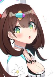 Rule 34 | 1girl, blush, breasts, brown hair, choker, cleavage, collarbone, green eyes, hair ornament, hanamori healthy, hat, highres, indie virtual youtuber, long hair, looking at viewer, makoto (bk69and7), medium breasts, melty+, nurse, nurse cap, open mouth, pill hair ornament, simple background, solo, surprised, virtual youtuber, white choker