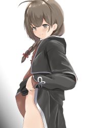 Rule 34 | 1girl, absurdres, black capelet, black dress, braid, breasts, brown eyes, brown hair, capelet, clothes lift, disuto, dress, dress lift, highres, hood, hooded capelet, kantai collection, large breasts, long hair, no panties, shinshuu maru (kancolle), simple background, solo, twin braids, white background