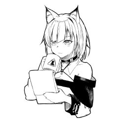 Rule 34 | 1girl, animal ear fluff, animal ears, arknights, bad hands, bare shoulders, cat ears, cat girl, clipboard, closed mouth, coffee mug, cropped torso, cup, expressionless, greyscale, hatching (texture), highres, holding, holding clipboard, holding cup, kal&#039;tsit (arknights), linear hatching, long sleeves, looking down, monochrome, mug, off shoulder, rhodes island logo (arknights), short hair, simple background, sketch, solo, tubuan (tubuan03), upper body, white background