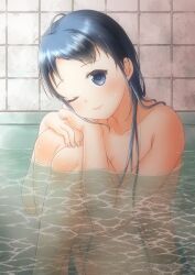 Rule 34 | 1girl, bath, bathing, bathtub, blue eyes, blue hair, blush, closed mouth, commentary request, completely nude, full body, grey background, hugging own legs, kantai collection, long hair, looking at viewer, mae (maesanpicture), nude, one eye closed, partially submerged, samidare (kancolle), sitting, solo, tile wall, tiles, twitter username, very long hair, water