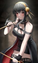 Rule 34 | 1girl, absurdres, bare shoulders, black dress, black hair, breasts, dagger, dress, earrings, flower, gold earrings, gold hairband, hair flower, hair ornament, hairband, highres, holding, holding dagger, holding knife, holding weapon, jewelry, knife, large breasts, long hair, po ppe, rose, spy x family, two-sided dress, two-sided fabric, weapon, yor briar