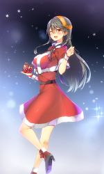 Rule 34 | 1girl, absurdres, black hair, blush, breasts, capelet, christmas present, commentary request, dress, gift, gradient background, hair between eyes, hair ornament, hairclip, haruna (kancolle), headgear, high heels, highres, kantai collection, large breasts, leg up, long hair, looking at viewer, night, one eye closed, open mouth, red dress, santa costume, solo, star (symbol), swept bangs, tsukui kachou, upper body, wristband