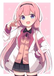 Rule 34 | 1girl, :d, absurdres, armband, black hairband, black shirt, black skirt, black thighhighs, blazer, blue eyes, blush, cardigan vest, collared shirt, commentary request, dated, hairband, hand on own hip, hand up, highres, jacket, long hair, long sleeves, looking at viewer, nijisanji, okota mikan, open clothes, open jacket, open mouth, pink background, pink hair, pleated skirt, shirt, signature, skirt, smile, solo, suo sango, thighhighs, two-tone background, very long hair, virtual youtuber, white background, white jacket
