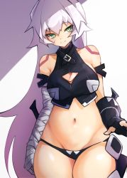 Rule 34 | 1girl, absurdres, aged up, alternate hair length, alternate hairstyle, arm belt, bandaged arm, bandages, bare shoulders, black gloves, black panties, breasts, cleavage, cleavage cutout, closed mouth, clothing cutout, crop top, facial scar, fate/apocrypha, fate (series), fingerless gloves, gloves, green eyes, highres, jack the ripper (fate/apocrypha), large breasts, long hair, looking at viewer, mizuno tera, navel, panties, scar, scar across eye, scar on cheek, scar on face, shoulder tattoo, single fingerless glove, smile, solo, tattoo, underwear, very long hair, white hair