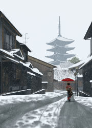 Rule 34 | 1girl, architecture, city, day, doora (dora0913), east asian architecture, from behind, happy new year, highres, house, japanese clothes, kimono, kyoto, md5 mismatch, new year, oil-paper umbrella, original, outdoors, pagoda, parasol, real world location, road, scenery, snow, snowing, tree, umbrella, winter scenery