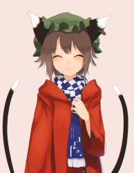 Rule 34 | 1girl, alternate costume, animal ears, brown hair, cat ears, cat tail, chen, closed eyes, coat, earrings, hat, jewelry, kinketsu, long sleeves, mob cap, multiple tails, nekomata, pink background, scarf, short hair, simple background, single earring, smile, solo, tail, touhou, wide sleeves, winter clothes