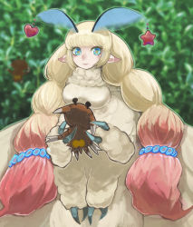 Rule 34 | 1girl, arthropod girl, big hair, blonde hair, blue eyes, closed mouth, cross-shaped pupils, earrings, extra arms, fewer digits, gradient hair, highres, holding, insect girl, jewelry, long hair, looking at viewer, monster girl, moth antennae, moth girl, multicolored hair, original, pink hair, pointy ears, ruteko (ruko220), smile, solo, stuffed animal, stuffed toy, symbol-shaped pupils, twintails, very long hair, x x
