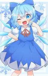 Rule 34 | 1girl, blue bow, blue dress, blue eyes, blue hair, blush, bow, cirno, collared shirt, coruthi, detached wings, dress, fairy, feet out of frame, hair between eyes, hair bow, highres, ice, ice wings, one eye closed, open mouth, shirt, short hair, short sleeves, smile, snowflakes, solo, touhou, white shirt, wings